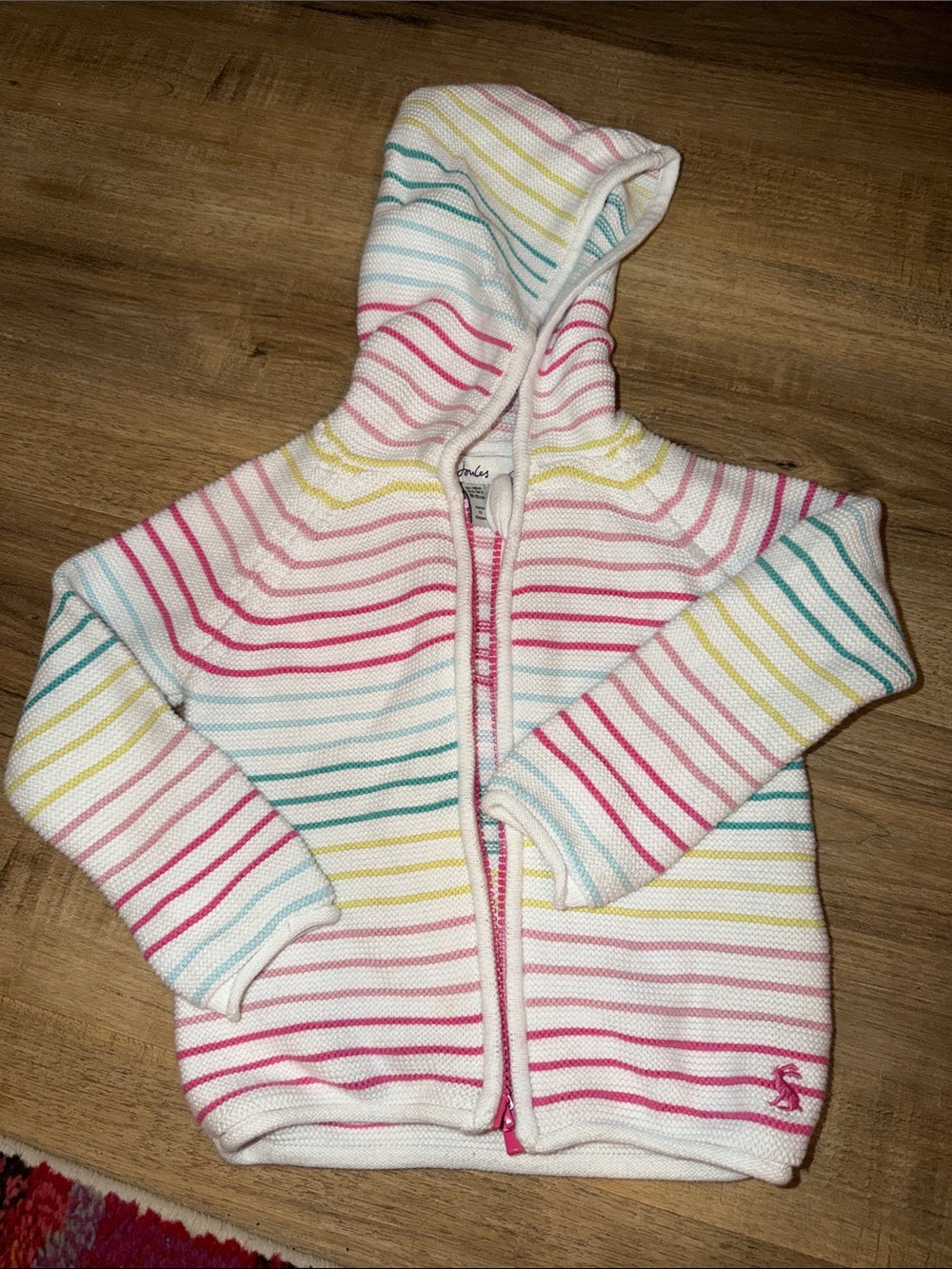 Joules White Hoodie Jacket with Pink, Yellow, Teal and Blue Stripes